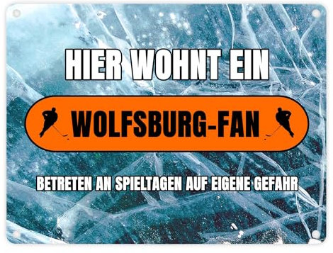 Hier wohnt ein Wolfsburg-Fan Metallschild in 15x20 cm mit Eishallen Boden-Motiv Sportfan Wolfsburg Sport Sportler