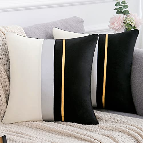 Samt Sofakissen Dekokissen mit Schwarz Weicher Stoff Moderner Minimalismus Streifen Kissenhülle mit Gold Gestreiften für Sofa Auto Couch Stuhl Wohnzimmer Garten,2 Stücke,50 * 50cm
