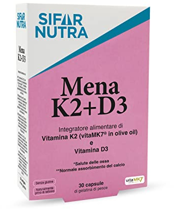 Sifar Nutra Mena K2+D3 | Vitamin K2 (Menachinon-7 in Olivenöl) | Vitamin D3| VitaMK7 | Nahrungsergänzungsmittel für Knochen, Zähne, Muskeln | Kalziumaufnahme| Gluten- und laktosefrei | 30 Kapseln