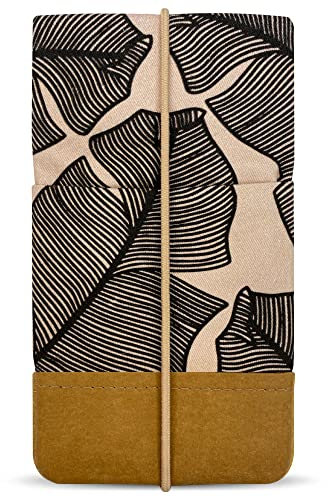 Kuratist Handy Tasche - Moin - Universell Kompatibel z.B. mit iPhone 16/15/14/13/12 - Handgefertigt aus Baumwoll-Twill/Papierleder – Smartphone Hülle mit Gummiverschluss – Leaves