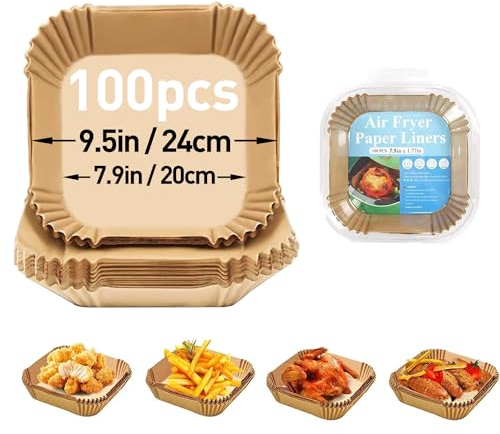 100 Pezzi Carta Forno Per Friggitrice Ad Aria, Carta Pergamena Rotondo Antigrasso Fodera in Carta Monouso, Teglie Per Friggitrice Ad Aria Quadrati, per Friggitrice ad Aria(20cm/7.9in)