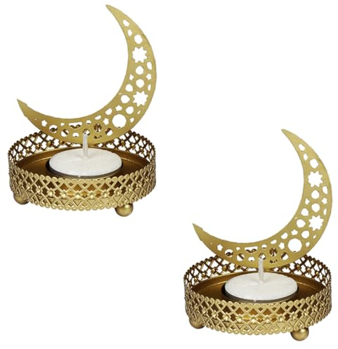 Teelichthalter Mond im Orient-Design aus Metall, 2er-Set, in Gold 8 cm | Zwei goldfarbene Mondhalter von je 8 cm Höhe bringen orientalische Lichtreflexe in Ihre Ramadan-Dekoration und auf den Tisch.