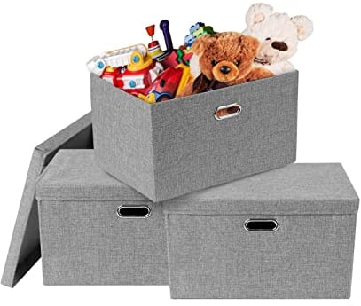 Shoze 3PCS Storage Boxes with Lid 45x30x30cm Fabric Storage Baskets Foldable Large Fabric Bins with Handles Collapsible Organizer Basket Toy Box for Shelves Closet Wardrobe Bookcase