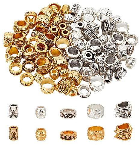 nbeads 100 Stück 10 Stile Tibetischer Stil Legierung Perlen, Dreadlock Perlen Metall Haarschmuck Perlen Zöpfe Haarschmuck Haarperlen Europäische Perlen für Armband Halskette Schmuck Herstellung