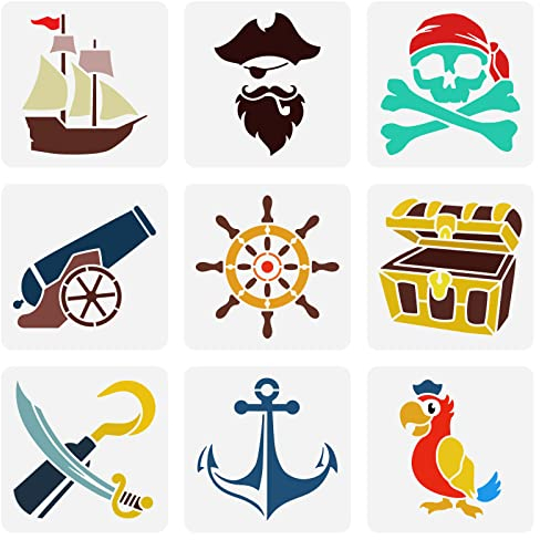 FINGERINSPIRE 9-teiliges Schablonen-Set mit Piratenmotiv, 15x15 cm, Piraten, Machetes, Skeletons, Schablonen, Kunststoff, Lenkrad, Papageien, wiederverwendbare Anker, Schablonen für DIY Handwerk