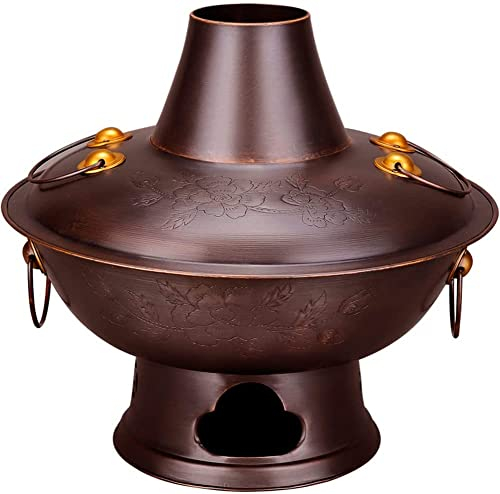 Charcoal Hot Pot with Chimney Vintage Copper Shabu Shabu Pot for 3-12 People Home Party Restaurant Shabu Hotpot Cooker Chinese Cookware Pan(Peony Pattern),40cm
