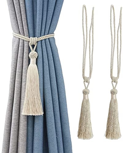 VIKY® 2 Stück Raffhalter für Vorhänge, Handgemachte Vorhang Raffhalter, Vorhangseil Raffhalter, Handgefertigt Quaste Vorhang Raffhalter, Gardinen Raffhalter Boho für Zuhause Büro Dekoration, Beige