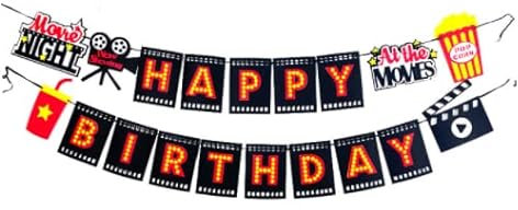 Dusenly Filmnacht Happy Birthday Banner für Hollywood-Party-Wimpelkette, Dekoration, Filmthema, Geburtstagsparty-Zubehör