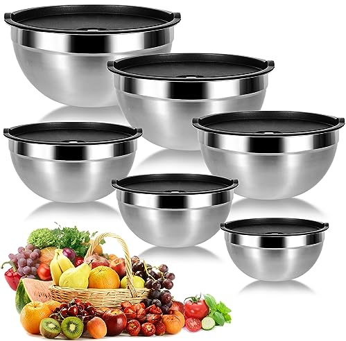 Cinnani 6 Lot de Bol Inox avec Couvercle, Bols mélangeurs, Saladier, Bols de Service, Bol cuisine multifonctionnel