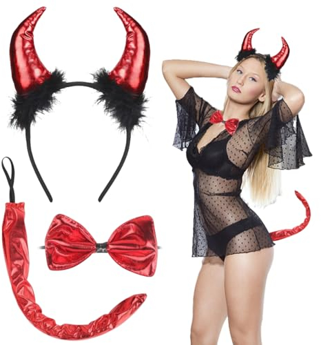 XLZJYIJ 3 Stück Teufelshörner Kostüm Set, Teufel Hörner Haarreif mit Fliege und Teufelsschwanz, Teufelsohren Kopfbedeckung, Teufelsohren Strinband für Karneval Halloween Cosplay Maskerade Party