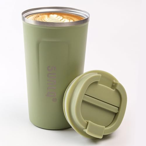 SUNTQ Kaffeebecher to go aus Edelstahl - Thermobecher Doppelwand Isoliert - Kaffeetasse mit Auslaufsicherem Deckel Wiederverwendbar (Sage, 510ml)