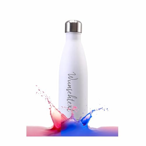 Personalisierte Trinkflasche aus Edelstahl | Perfekter Begleiter für Sport, Schule, Outdoor Aktivitäten | Lasergravur von Wunschtext und Wunschmotiv | 0,5 l (Weiß)
