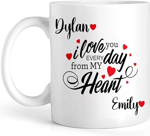 Personalised Mug “I Love you Everyday from My Heart” Customise with Names Cute Hearts Lovely Tea/Coffee Mug Valentine Gift for Wife & Husband, Him or Her Gift for Girlfriend, Boyfriend (11oz Mug)