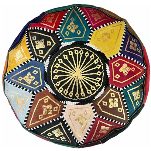 Orientalischer runder Pouf aus Leder ø 45cm Rund 30cm Hoch inklusive Füllung | Marokkanisches Sitzkissen Sitzpouf Kissen Merzougha Mehrfarbig | Marokkanischer Hocker Sitzhocker Fusshocker