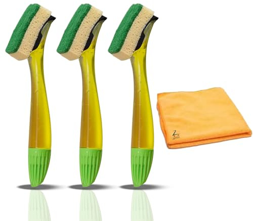Dishmatic Lot de 3 brosses à vaisselle à remplir avec poignée et chiffon en microfibre Zopper – La couleur et le design peuvent varier (design et couleur aléatoires)