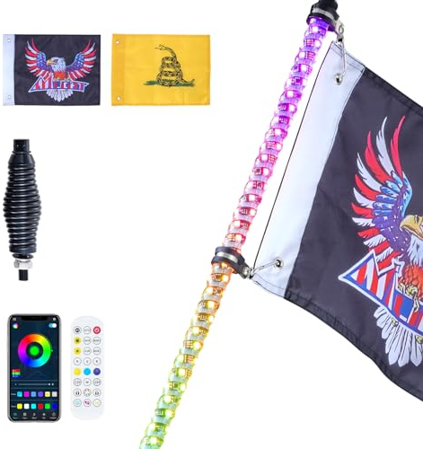 VEVOR Fouet Lumineux LED de 91 cm avec Base à Ressort, Télécommande APP et RF, Étanche à 360° en Spirale RVB avec 2 Drapeaux, Éclairage pour UTV, VTT, Motos, RZR, Camions, Tout-terrain, 1 Pièce