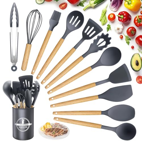 Utensilios de Cocina de Silicona 22 Piezas, set di utensili da cucina per pentole antiaderenti, al Calor y Antiadherentes con Mango de Madera para Utensilios sin BPA (Gris)