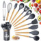 Utensilios de Cocina de Silicona 22 Piezas, set di utensili da cucina per pentole antiaderenti, al Calor y Antiadherentes con Mango de Madera para Utensilios sin BPA (Gris)