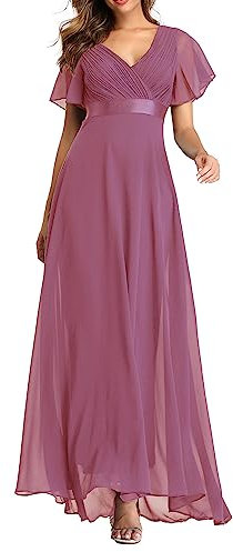 ECDAHICC Vestido de noche para mujer, con cinturón, línea A, gasa, vestido de dama de honor, cuello en V, elegante, largo, morado, S