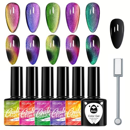 Cat Eye UV Gel Nagellack Set mit Magnet - 6 Farben 9D Cateye UV Gel Nail Polish Set Cateye Magnet Nagellack, Glitzer und schwarzer Basis für DIY-Maniküre Frauen Mädchen (Bunt Sternenhimmel, 6x)
