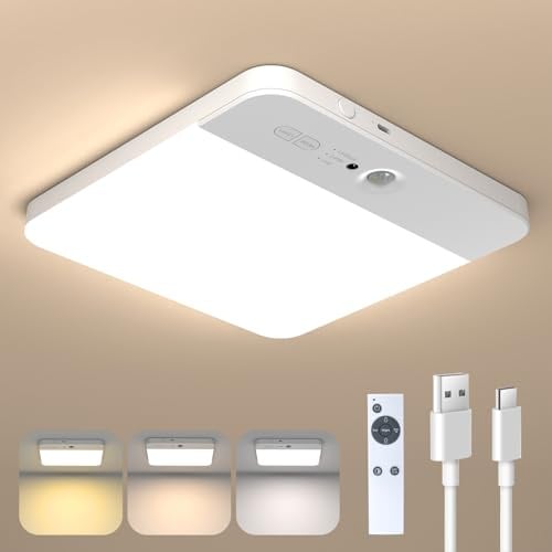 NARUNDREN LED Rechargeable Ceiling Lights Motion Sensor Indoor | Battery Operated Bathroom Ceiling Lamp, Magnetic Mount Wireless Light for Porch, Stairs, Garage, 3 Color Temp, Remote Control