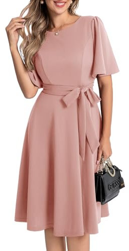 Bbonlinedress Winterkleid Damen festliches Kleid midilang Cocktailkleid Kurzarm Abendkleider elegant für Hochzeit Vintage Party Kleider Blush M