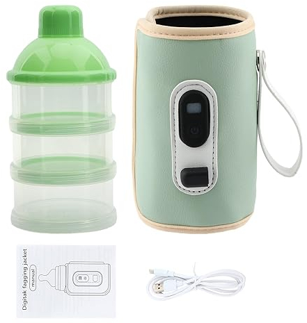 Portable Milk Bottle Warmer with Milk Powder Dispenser USB Heating Baby Bottle Warmer with LCD Display, 5 Adjustable Temperature and Automatic Insulation for Outdoor Car Travel