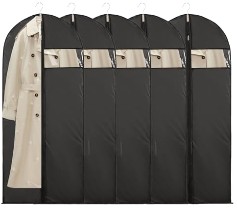 Portatrajes, 5 Piezas Portatrajes con Cremallera, 140 cm x 60 cm Portatrajes Negro Plegable con Ventana Transparente, Organizador de Ropa, Tejido Transpirable, Para Trajes de Noche y Vestidos Largos