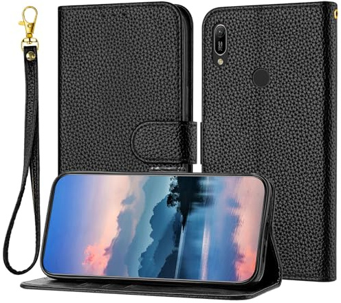 LMFULM® Étui pour Huawei Y6 2019 (MRD-LX1, MRD-LX3) (6,09 Pouces) PU Magnétique Pochette Cuir Housse Litchi Impression Rabattable Case Stent Fonction Cover Noir
