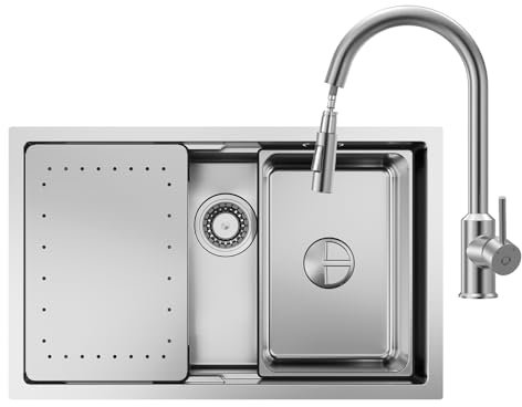 CECIPA Fregadero de acero inoxidable con grifo, 70 x 44 cm, 1 lavabo empotrable con sifón para armario de cocina a partir de 80 cm, grifo monomando, color antracita