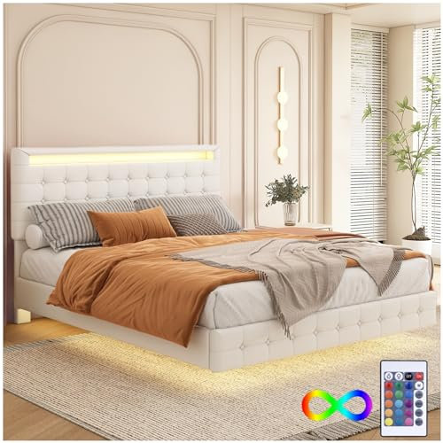 Racxily Cama acolchada con luz ambiental LED, mando a distancia de 24 botones, cama de matrimonio 140 x 200 cm, ajuste de altura del cabecero a tres niveles, cama individual, material PU (blanco)