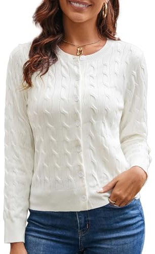 GRACE KARIN Women's Long Sleeve Button Down Cable Knit Cardigan Lightweight Crewneck Button Sweater Jacket for Women, Ivory White, XL