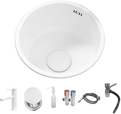 Fregadero de bar blanco redondo de cocina de acero inoxidable 304 para renovación de cocina, fregadero individual redondo (C, 36 x 36 cm)