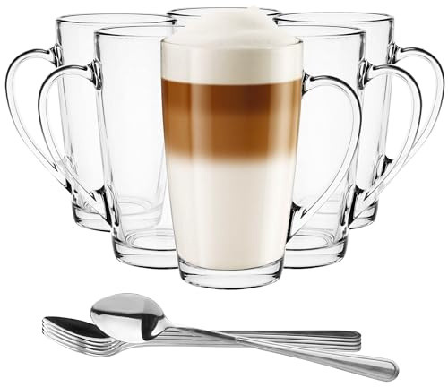 Glasmark KROSNO 1992 Latte Macchiato Gläser Mit Henkel Und Löffel 6 Stück 400 ml Teegläser Kaffeetassen Cappuccino Eistee Transparentes Glas