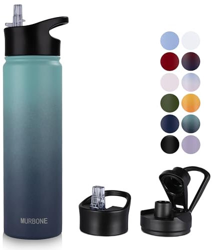 MURBONE Insulated Water Bottle, 750ml Stainless Steel Drink Flask with Straw, BPA Free, 2 Lids (Straw Lid and Spout Lid), Leakproof Double Walled Vacuum Water Bottle, Green Blue Gradient