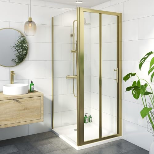 Luxura® 760 x 900mm Bifold Folding Shower Enclosure Door Screen for Wet Room Cubicle Enclosures, 6mm Safety Glass Space Saving, Framed, Brushed Brass