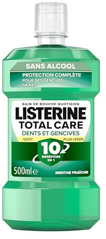 Listerine – Bain de Bouche Total Care Dents et Gencives Goût Plus Léger 0% Alcool (bouteille de 500 ml) – Soin bucco-dentaire 10 en 1 – Bain de bouche sans alcool pour une haleine fraîche durable