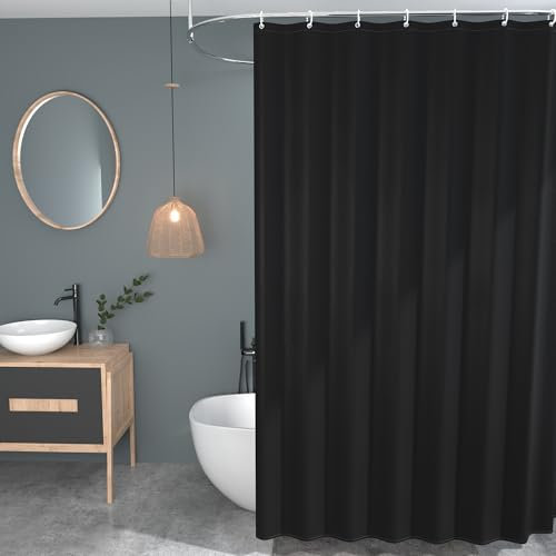 GOOPOOL Cortina de Ducha, Cortinas de Baño Poliester Lavable, Cortina Bañera Secado Rápido con 12 x Ganchos, Cortina Ducha Dobladillo Ponderado, Cortina Baño 180An x 200Al CM Negro