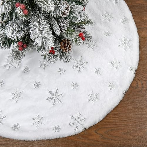 Weihnachtsbaum Decke, Weihnachtsbaumdecke Rund Plüsch Christbaumdecke Weiß mit Gold Schneeflocken Baumdecke Weihnachtsbaum Rock Christbaumständer Teppich Christmas Tree Skirt (90cm-Silber)