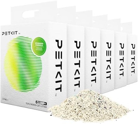 PETKIT Litière Mixte 5 en 1 pour Chats, Chasse d'eau,sans Odeur, avec Charbon Actif, Ultra Absorbante et à Séchage Rapide Litière Tofu pour Chats(6 Sacs,2.4kg/Sac)