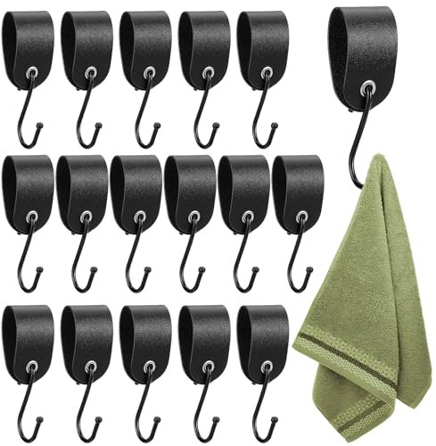 Draupnir 16 Piezas Ganchos en S con Cuero, Ganchos en Forma de s Acero Inoxidable Negros, Ganchos Perchero Multifuncionales para Camping, Cocina, Colgar Ropa, Armario