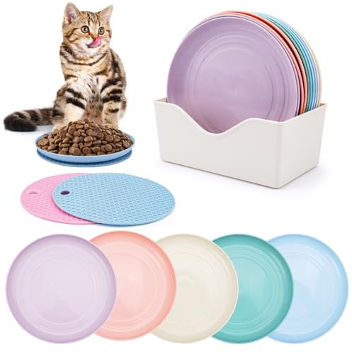 10 Stück Katzennapf Flach mit 2 Antirutsch Matte, Futternapf Katze Flach mit Box, Bunt Katzen Napfset, Katzenschüssel Flach, Futterschale Katze, Flache Katzennäpfe für Kätzchen und Kurzbeinige Katzen