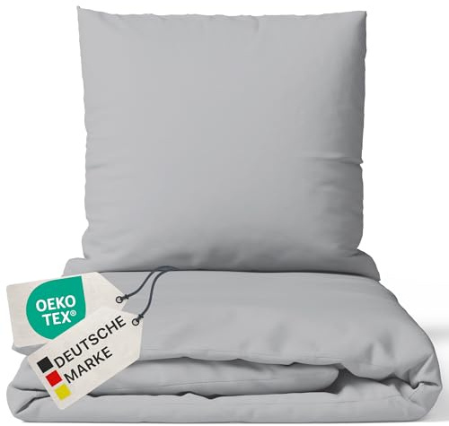 NYVI Bettwäsche Set DreamScience Renforcé Uni 135x200 + 80x80 cm Silber - Atmungsaktiv & Weich - 100% Baumwolle - Mit Reißverschluss, Oeko-TEX Zertifiziert, für Allergiker geeignet