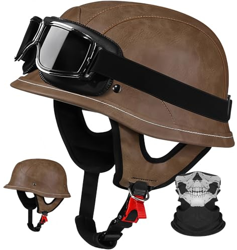 Vintage Jethelm Motorrad ECE-Zugelassen, Retro Motorradhelm Lederoptik mit Schutzbrille, Cafe Racer Chopper Roller Helm für Damen Herren, Herausnehmbares Innenfutter M–XL