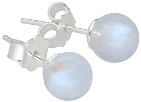 Edelstein Ohrstecker in 925er Silber | Kugel/Perle 6 mm Durchmesser | Ohrringe mit Verschluss (Regenbogen-Mondstein)