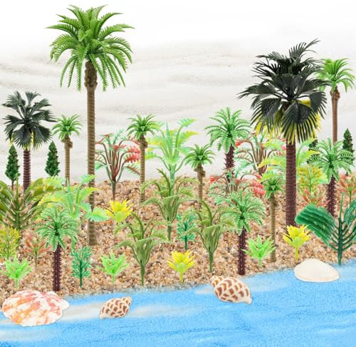 QUOZUO 50PCS Mini Model Miniature Palm Trees Beach coastal city Scenery Coconut Tree Rainforest with Sand and shells, Architecture Fake Trees for DIY Crafts, Building Model, Scenery Landscape