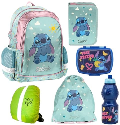 PASO - Schulranzen für Jungen und Mädchen, 6er-Set - Schul-Rucksack für Kinder mit Federmäppchen - Schuhbeutel Brotdose und Trinkflasche - Stitch Motiv - 1-3 Klasse