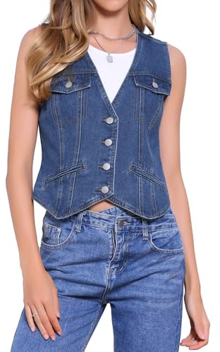Allegra K Gilet en Jean Femme Col en V Boutonné Veste en Denim Sans Manches avec Poches