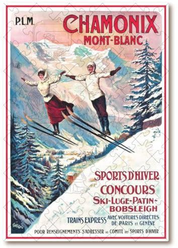 Victory Wooden Puzzles - Vintage Winter Poster Jigsaw Puzzle for Adults - 85 Pieces. Premium Linden Wood Miniature Skiing Jigsaw Christmas Puzzle in Metal Storage Tin with Special 'Whimsical' Pieces.