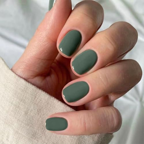Lot de 24 Français Faux Ongles Court Carré Press on Nails, Ongles Autocollants Adhesif Acrylique Pleine Couverture Faux Ongles Autocollants pour Femmes et Filles (Vert)